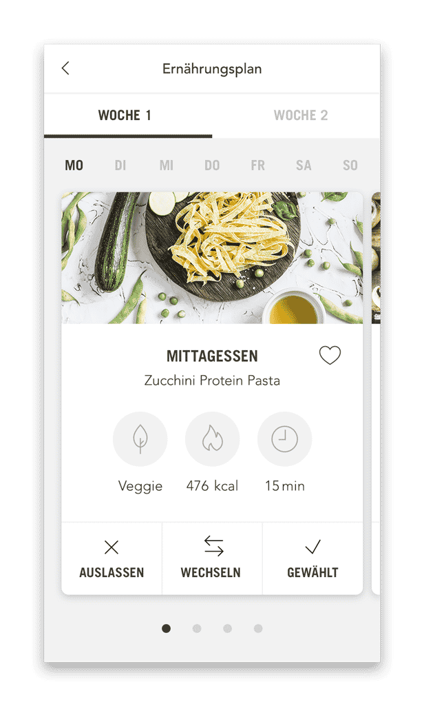 halfit Ernährungsplan Plan mit Mahlzeiten (Smartphone Ansicht Beispiel Tag)